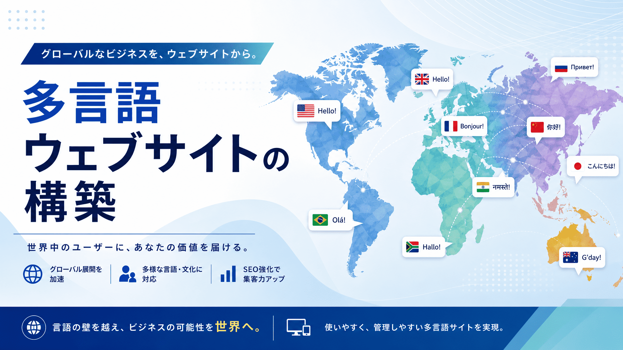 A digital graphic depicting Japanese text and national flags from various countries, representing "Multilingual Site Construction" and the development of modern multilingual websites. The icons symbolize global reach, multilingual support, SEO optimization, and adaptability in the AI era, all set against a world map background.
