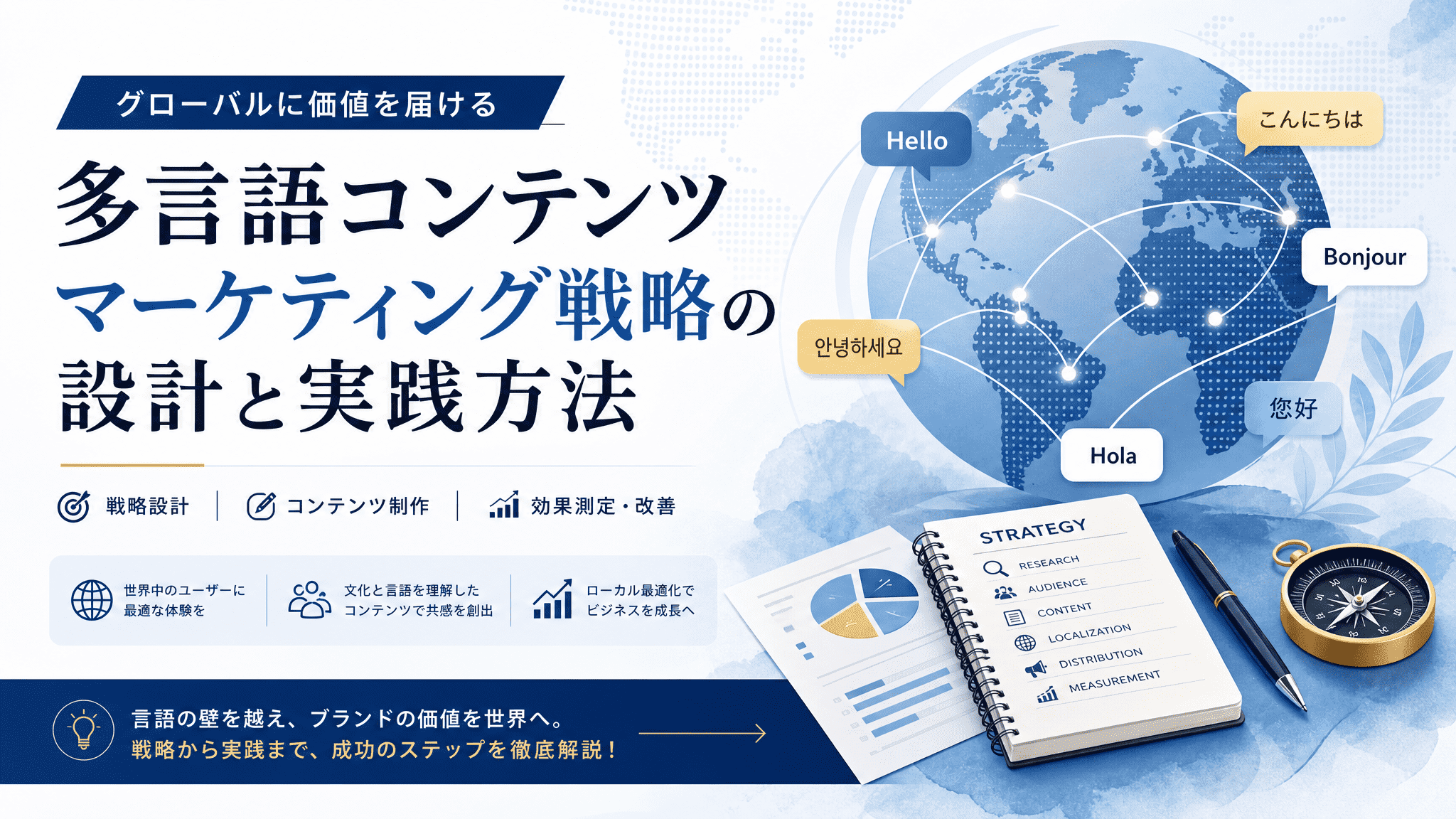 Japanese text on developing and implementing effective multilingual content marketing strategies. Various language speech bubbles, a globe, charts, a laptop, and a compass are depicted, symbolizing global communication and digital strategies.