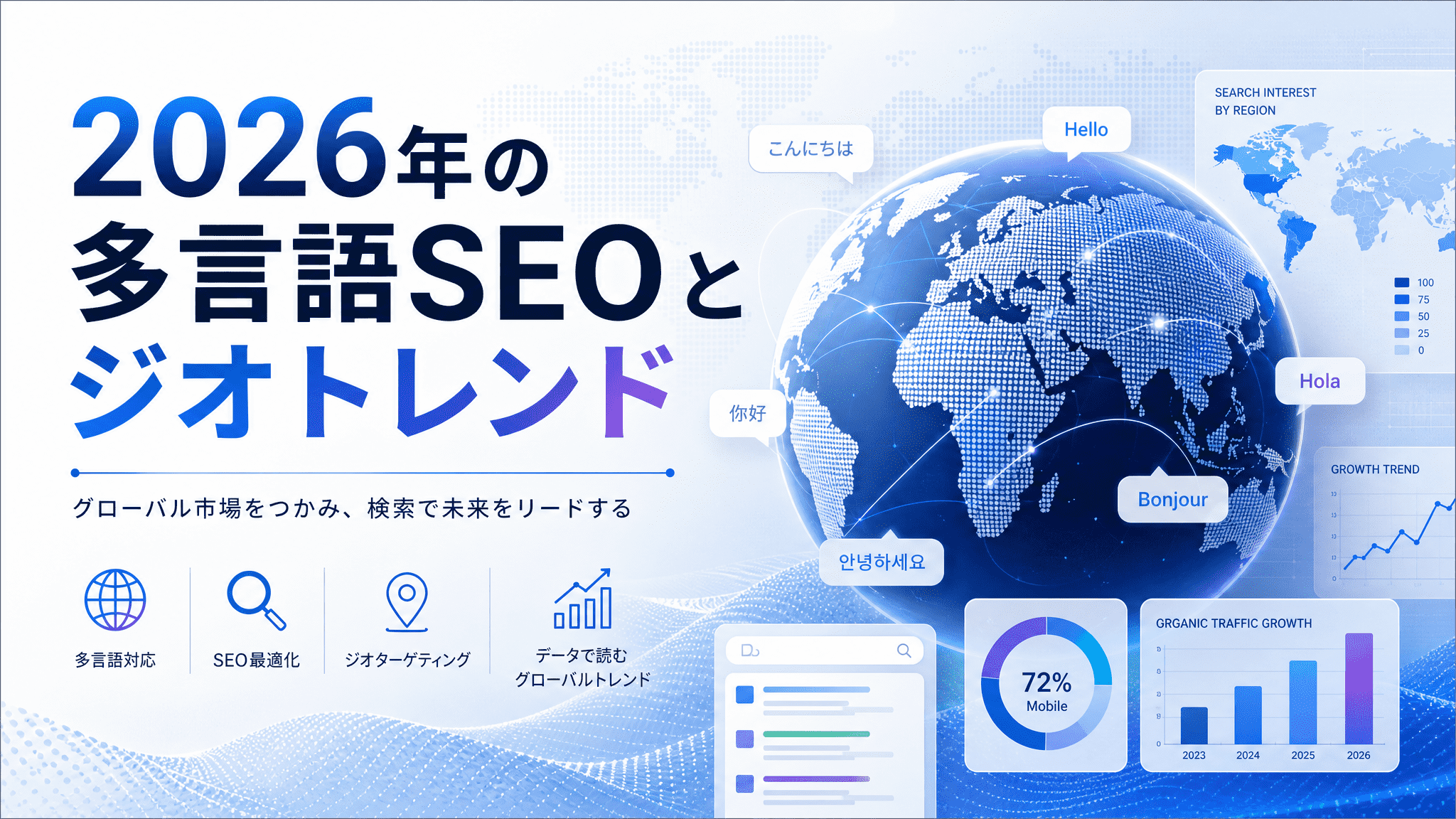 Japanese infographic on multilingual SEO and GEO trends for 2026. Features greetings in multiple languages, search graphs, maps, icons representing data and global digital marketing concepts. The design is based on blue tones.