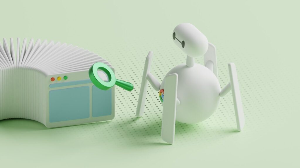 A 3D robot with four legs is observing a browser window icon with a magnifying glass against a light green background. This symbolizes the importance of SEO in the AI era.