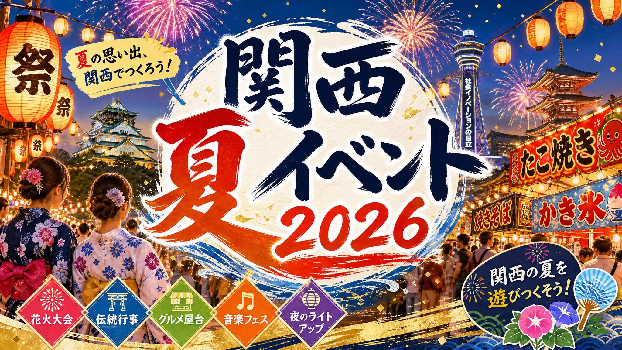 花火や提灯、屋台、浴衣姿の人々で賑わう、色鮮やかなお祭りの風景。大きな文字で「関西サマーイベント2026」と書かれている。日本の寺社や夏の装飾が、関西ならではの「お祭り」の精神にインスパイアされた活気あふれるお祭りの雰囲気を醸し出し、夜空を彩る壮大な花火大会も加わって、お祭りの盛り上がりをさらに盛り上げている。.