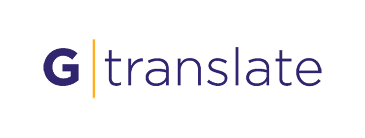 A logo on a white background with a bold, dark blue letter 'G', followed by a vertical orange line, and then the word 'translate' in lowercase purple. Ideal for a multilingual WordPress plugin.