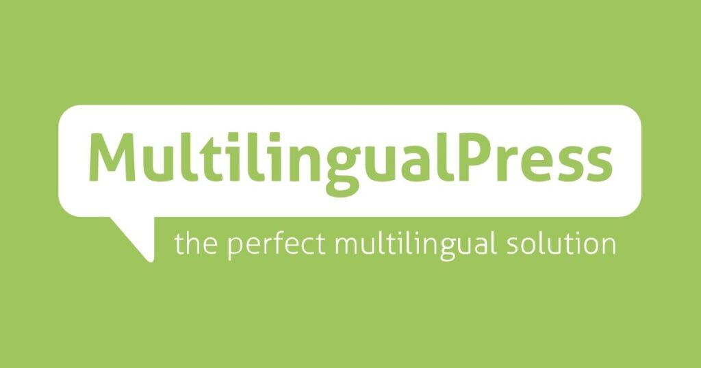 A light green background features a white speech bubble containing the text "MultilingualPress", with "the perfect multilingual WordPress plugin solution" written below it.