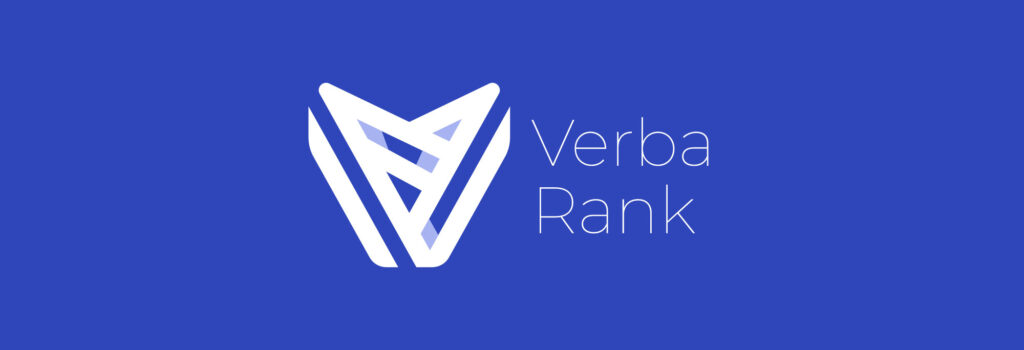 A solid blue background is adorned with a stylish white "V" logo formed by overlapping lines, accompanied by the word "Verba Rank" in thin white lettering. This is perfect for the branding of a multilingual WordPress plugin.
