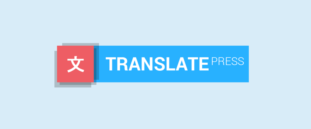 A blue rectangle with the words "TRANSLATEPRESS" in white text on a light blue background, next to a red square with white Kanji characters, highlights this WordPress multilingual plugin.